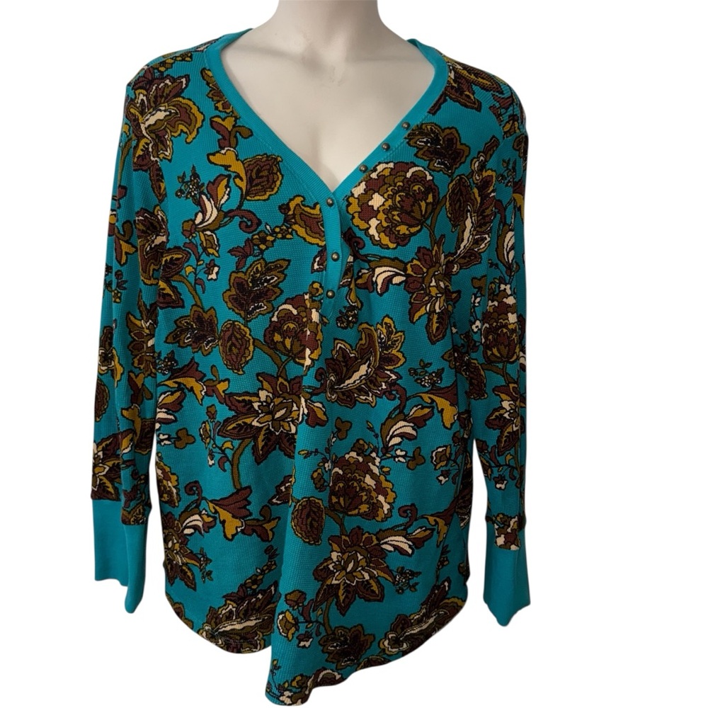 Coldwater Creek Thermal Henley Long Sleeve Shirt Sz 3X Blue Brown Floral Cotton